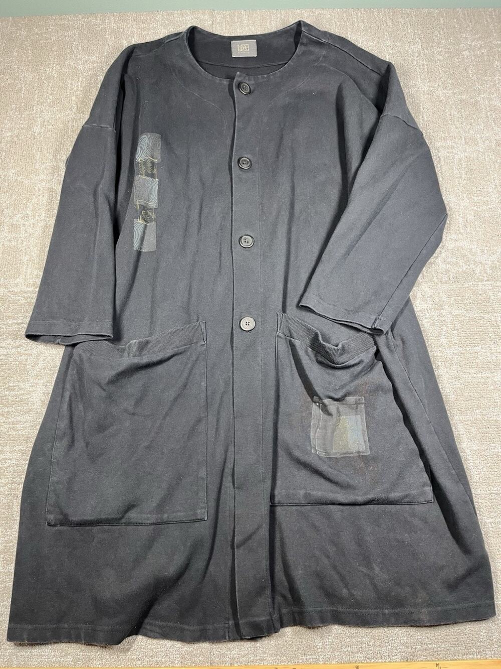 VintageBlue Fish Black Painted Jacket Size 1 Back Geometric Lagenlook Boho